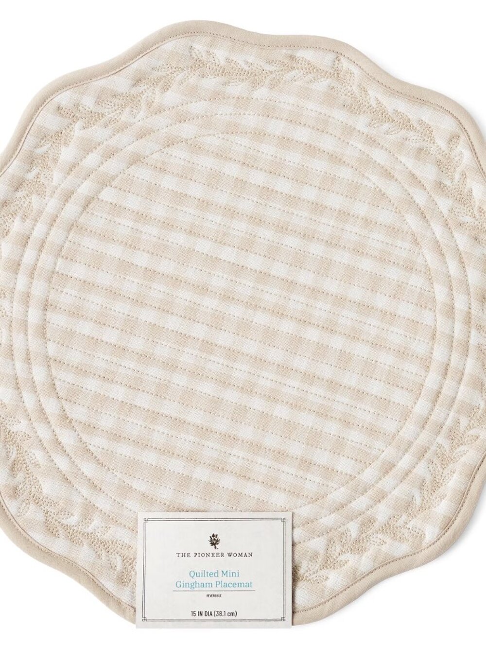 Pioneer Woman Quilted Mini Gingham Woven Placemat Beige 15" Round Farmhouse